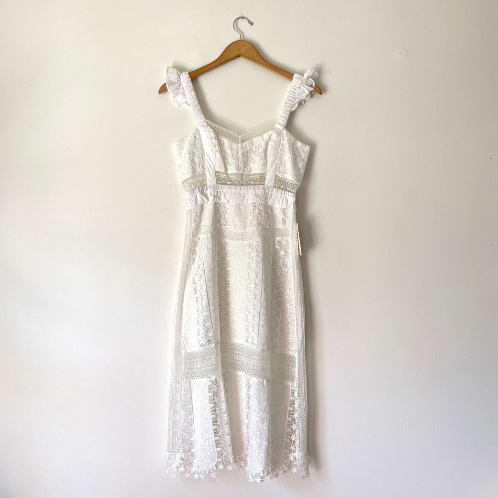 For Love & Lemons White Lace Eyelet Midi Dress Ruffle XS NWT Romantic Bridal FLL